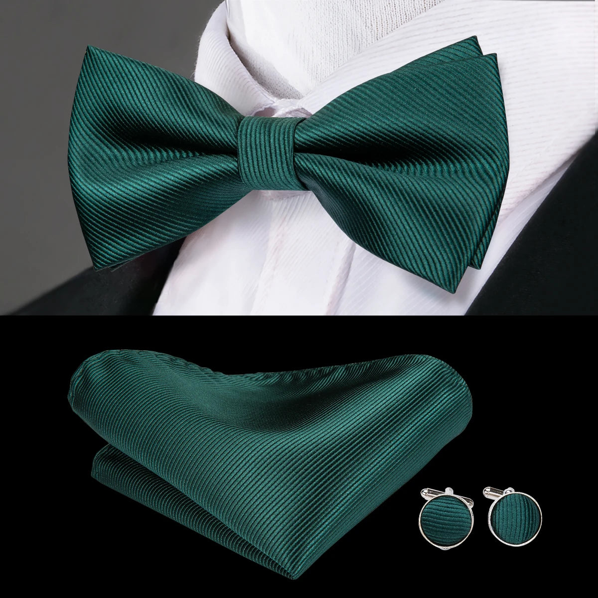 Men's Green Silk Bow Tie Set