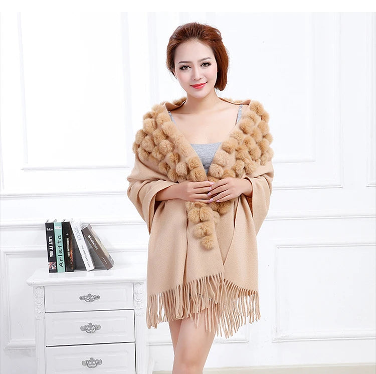 Women's Rabbit Fur Winter Pompom Shawl Scarf