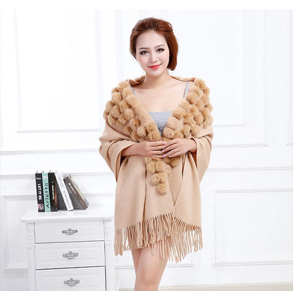 Women's Rabbit Fur Winter Pompom Shawl Scarf