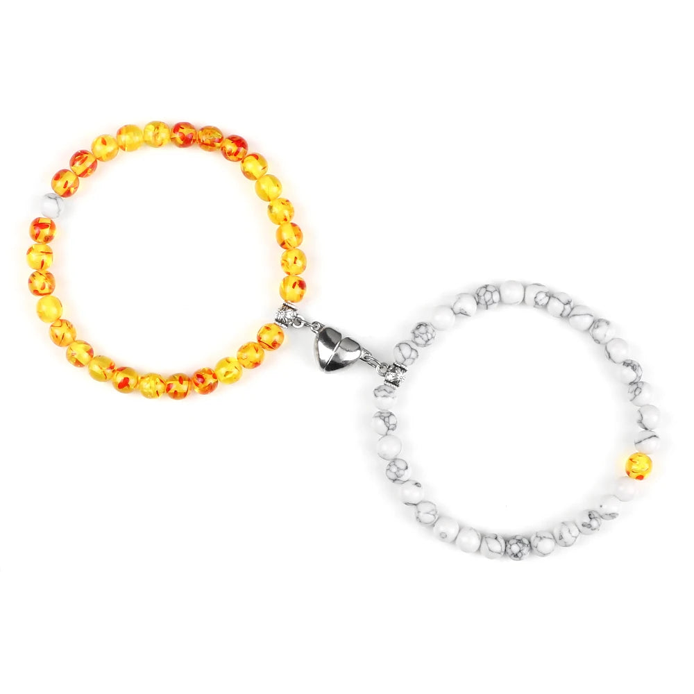 2er-Set magnetische Herzarmbänder für Paare – 6 mm große Distanzarmbänder aus natürlichen Malachit- und Tigeraugenperlen