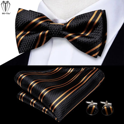 Jacquard Silk Black and Gold Striped Bowtie Set