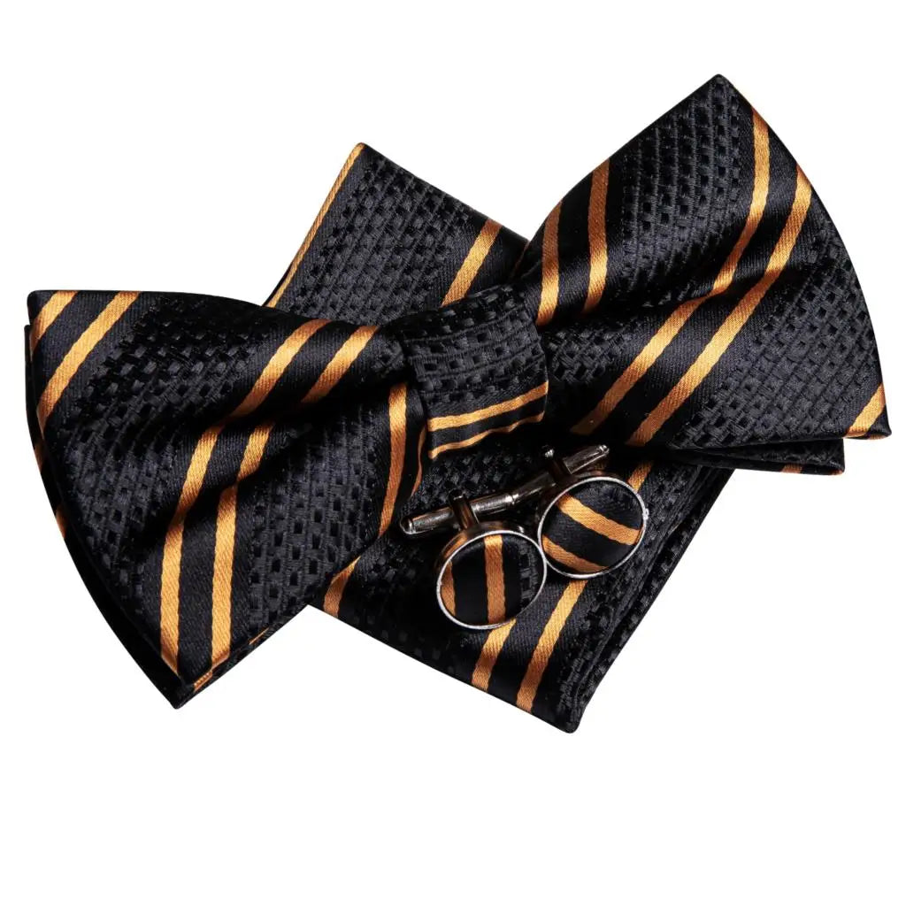 Jacquard Silk Black and Gold Striped Bowtie Set