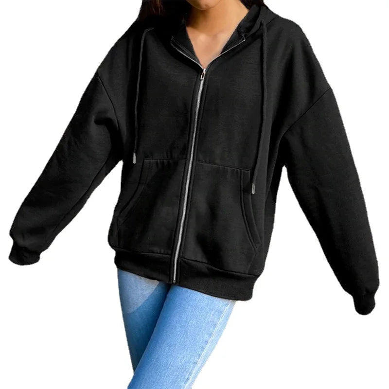 Solid Color Autumn Fleece Hoodie with Pockets and Zipper