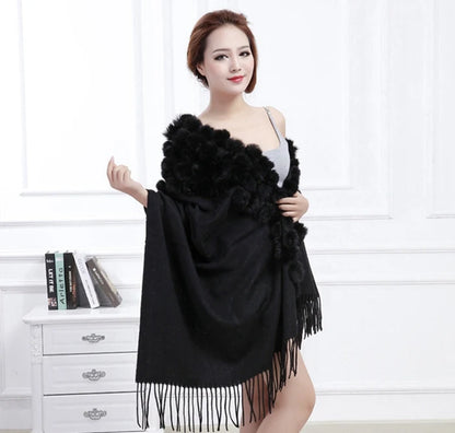 Women's Rabbit Fur Winter Pompom Shawl Scarf