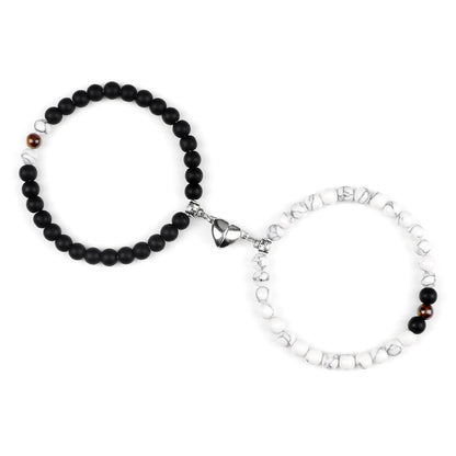 2er-Set magnetische Herzarmbänder für Paare – 6 mm große Distanzarmbänder aus natürlichen Malachit- und Tigeraugenperlen