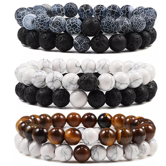 Ensemble de bracelets pour couples en pierre noire, blanche et naturelle