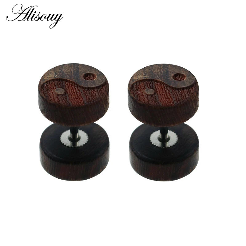 2PC Wooden Ear Studs - Natural Brown & Black - 8/10/12mm