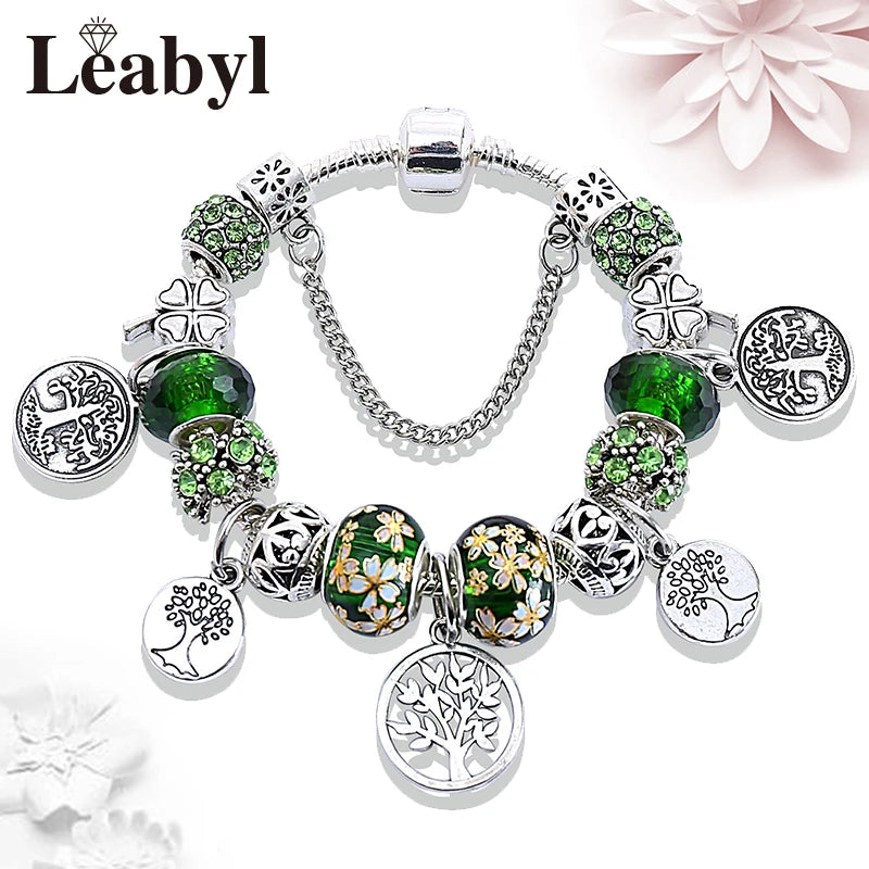 Green Leaf Floral Crystal Bead Bracelets