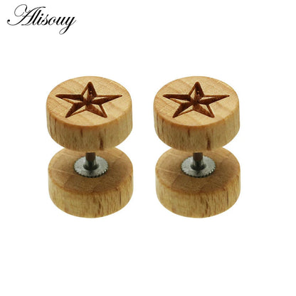 2PC Wooden Ear Studs - Natural Brown & Black - 8/10/12mm