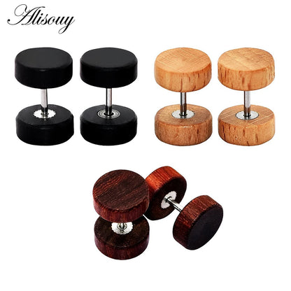 2PC Wooden Ear Studs - Natural Brown & Black - 8/10/12mm