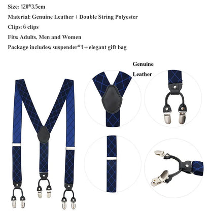 Genuine Leather Suspenders with 6 Clips