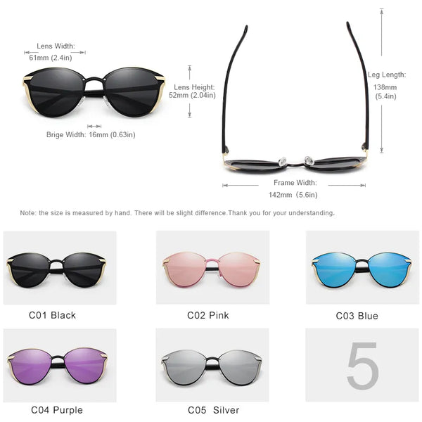 Women's polarized Cat Eye sunglasses with mirrored lenses.