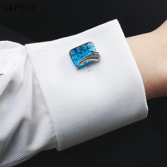 Blue Glass Square Crystal Cufflinks For Men