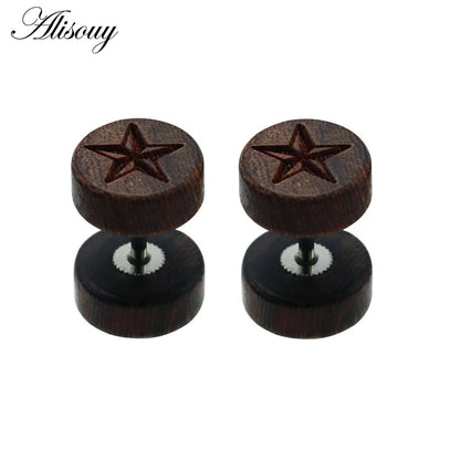 2PC Wooden Ear Studs - Natural Brown & Black - 8/10/12mm