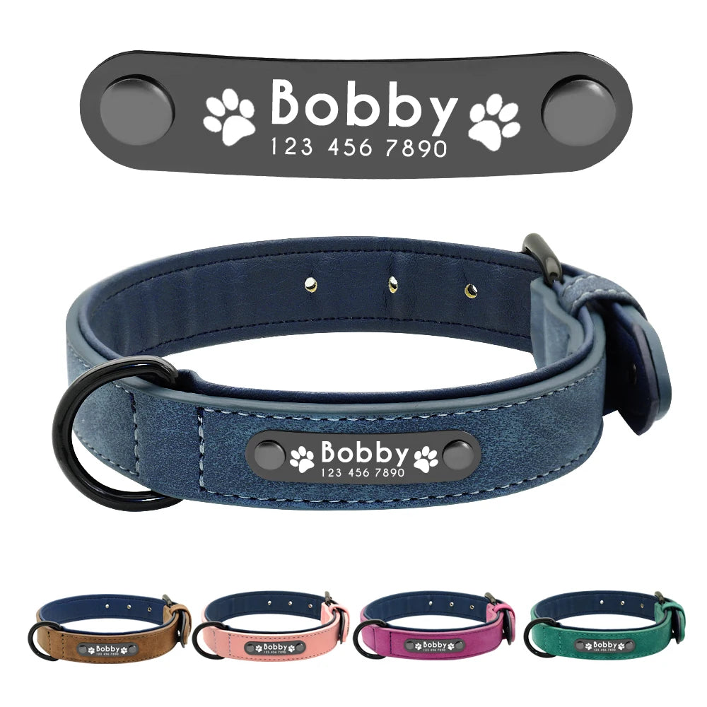 Custom Dog Collars - Leather Dog Collar With Name ID Tags