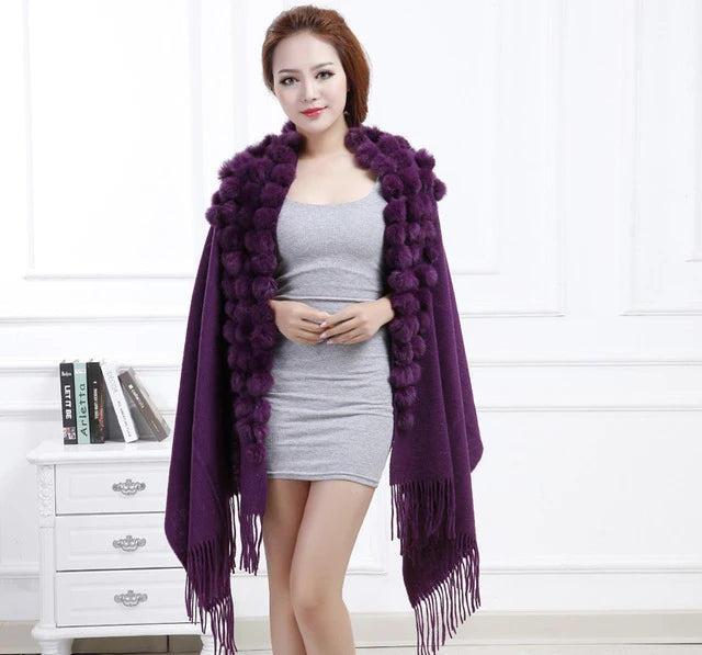 Women's Rabbit Fur Winter Pompom Shawl Scarf