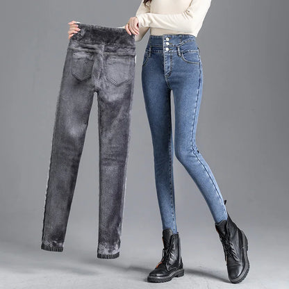 Damen-Stretch-Jeans mit Knöpfen, dick und warm, lässig