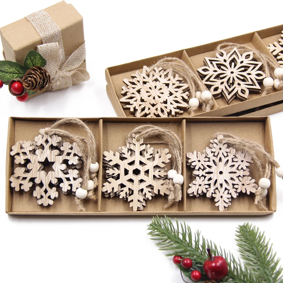 Lot de 12 pendentifs en bois en forme de flocon de neige pour décoration de Noël