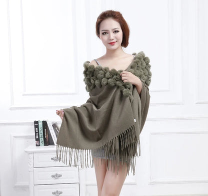 Women's Rabbit Fur Winter Pompom Shawl Scarf