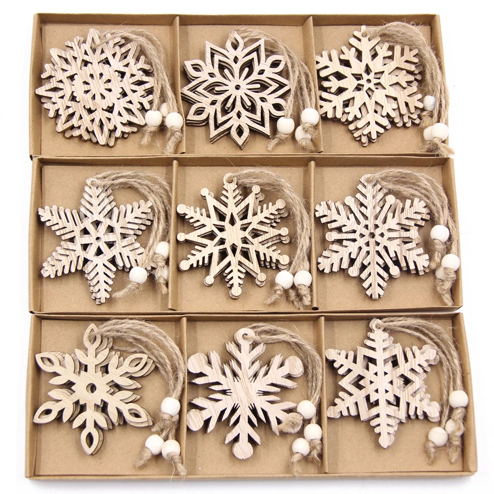 Lot de 12 pendentifs en bois en forme de flocon de neige pour décoration de Noël