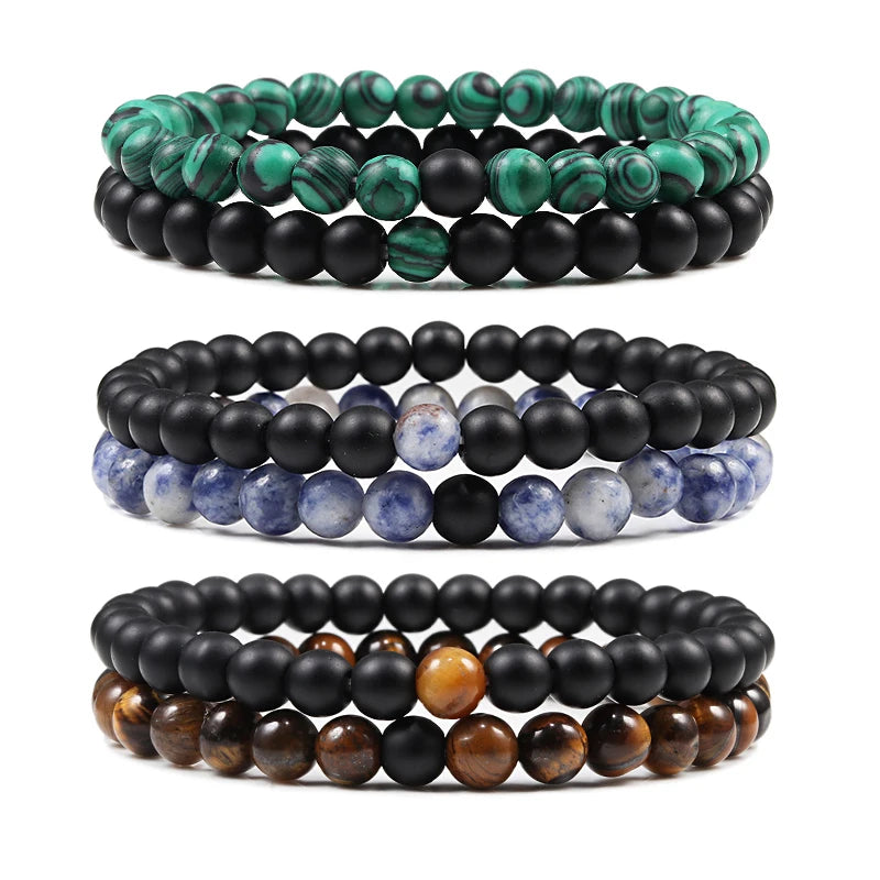 2 bracelets de perles en œil de tigre et pierre de lave noire pour couples
