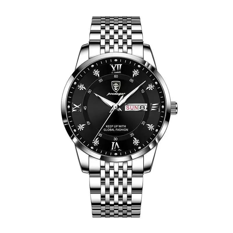 Montre-bracelet pour homme en acier inoxydable - Étanche, lumineuse, avec date et semaine
