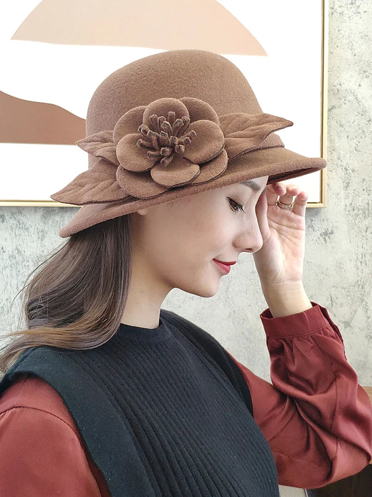 Chapeau Fedora en laine à fleurs en forme de dôme chaud