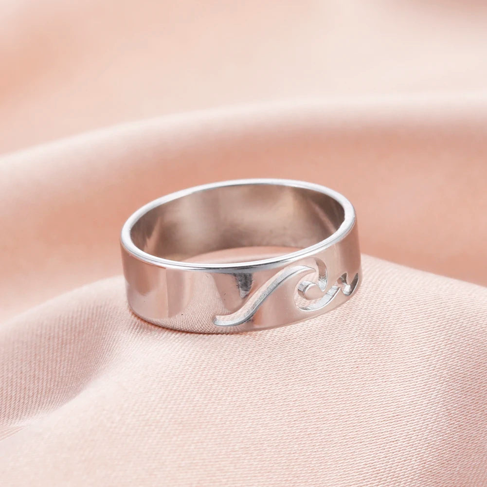Stainless Steel Wave Couple Ring – Minimalist Matching His and Hers Wedding Bands