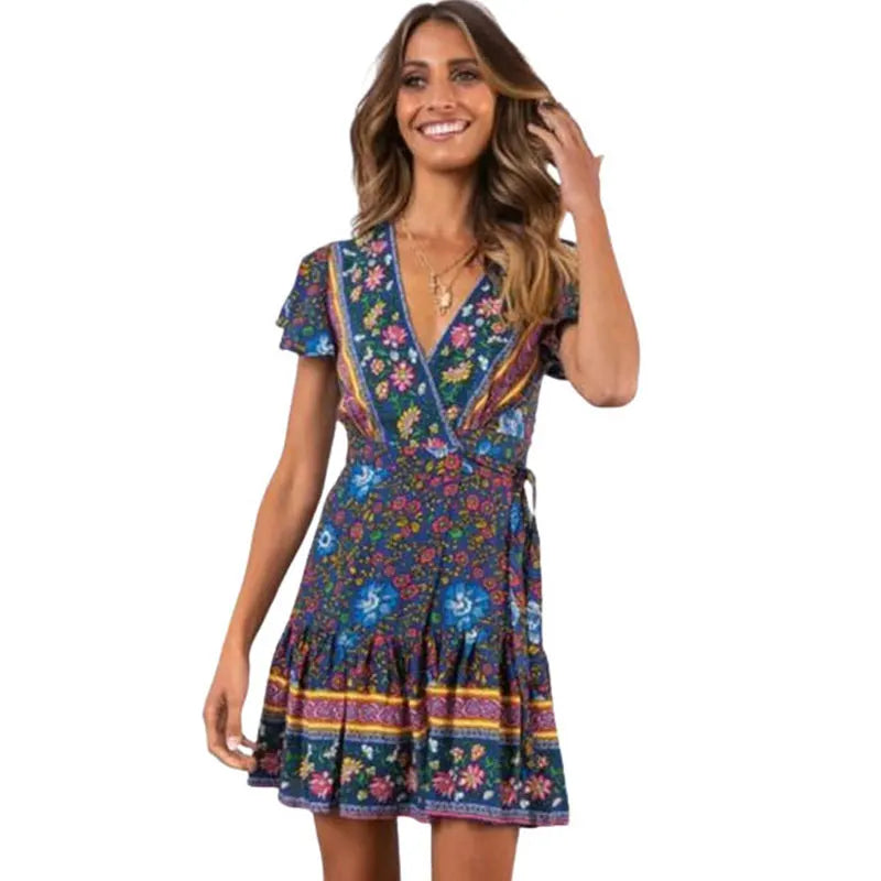 Damen Sommer Boho Blumendruck Mini Sonnenkleid