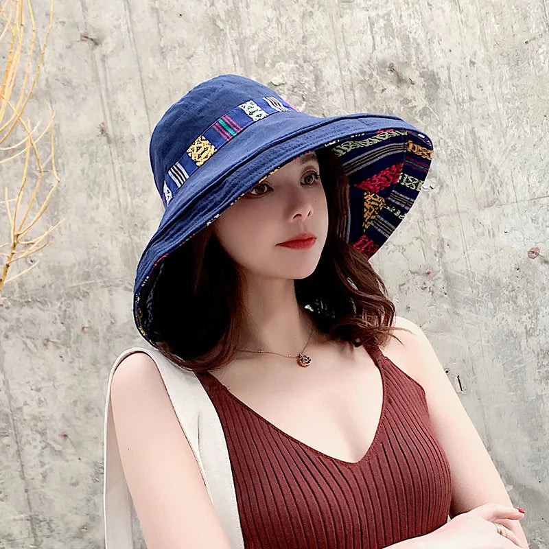 Chapeau de soleil de pêcheur double face pour femme