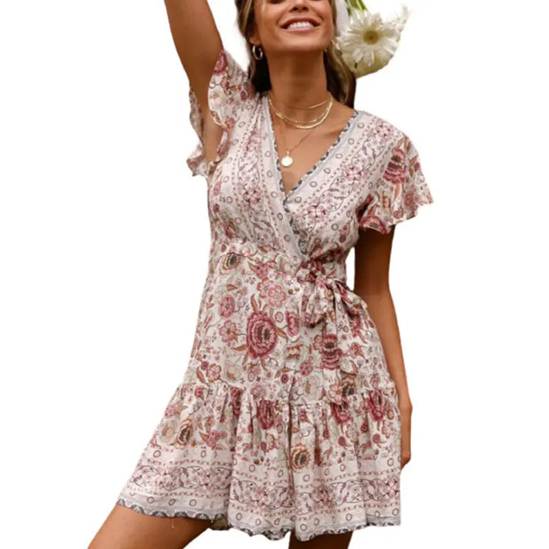 Women Summer Boho Floral Print Mini Sun Dress