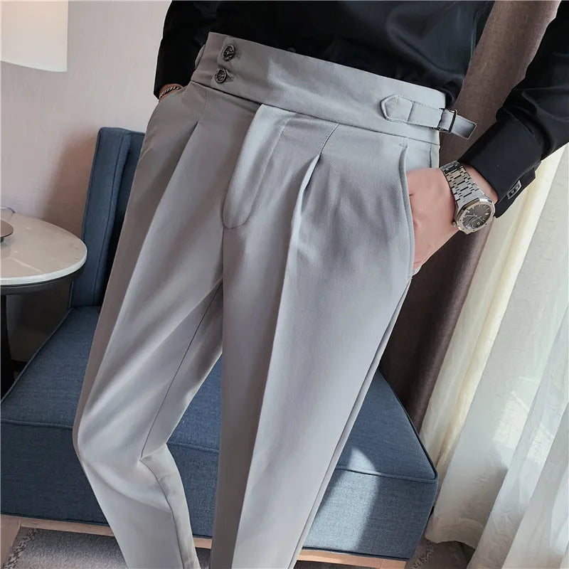 Men's High-Waist Solid Color Business Casual Trousers