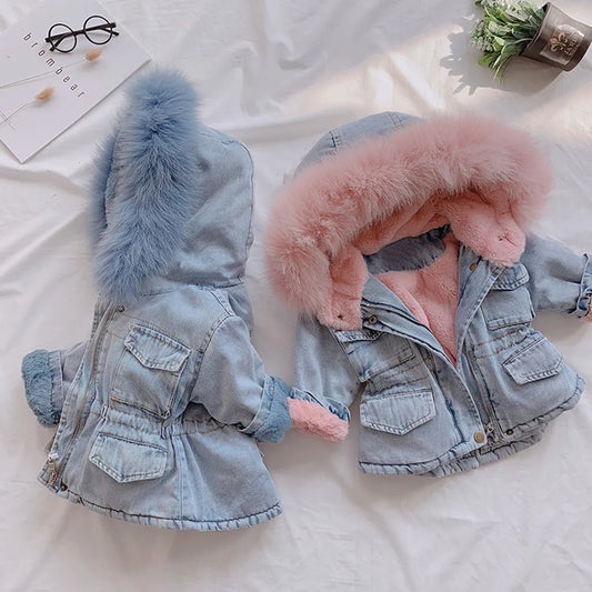 1-6 Years Baby Girl Winter Hooded Denim Jacket with Faux Fur Lining