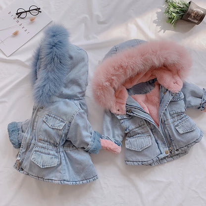 1-6 Years Baby Girl Winter Hooded Denim Jacket with Faux Fur Lining