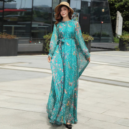 Maxi-Boho-Kleid aus Chiffon mit langen Ärmeln und Blumendruck