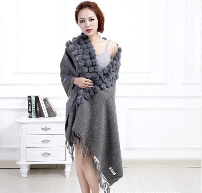 Women's Rabbit Fur Winter Pompom Shawl Scarf