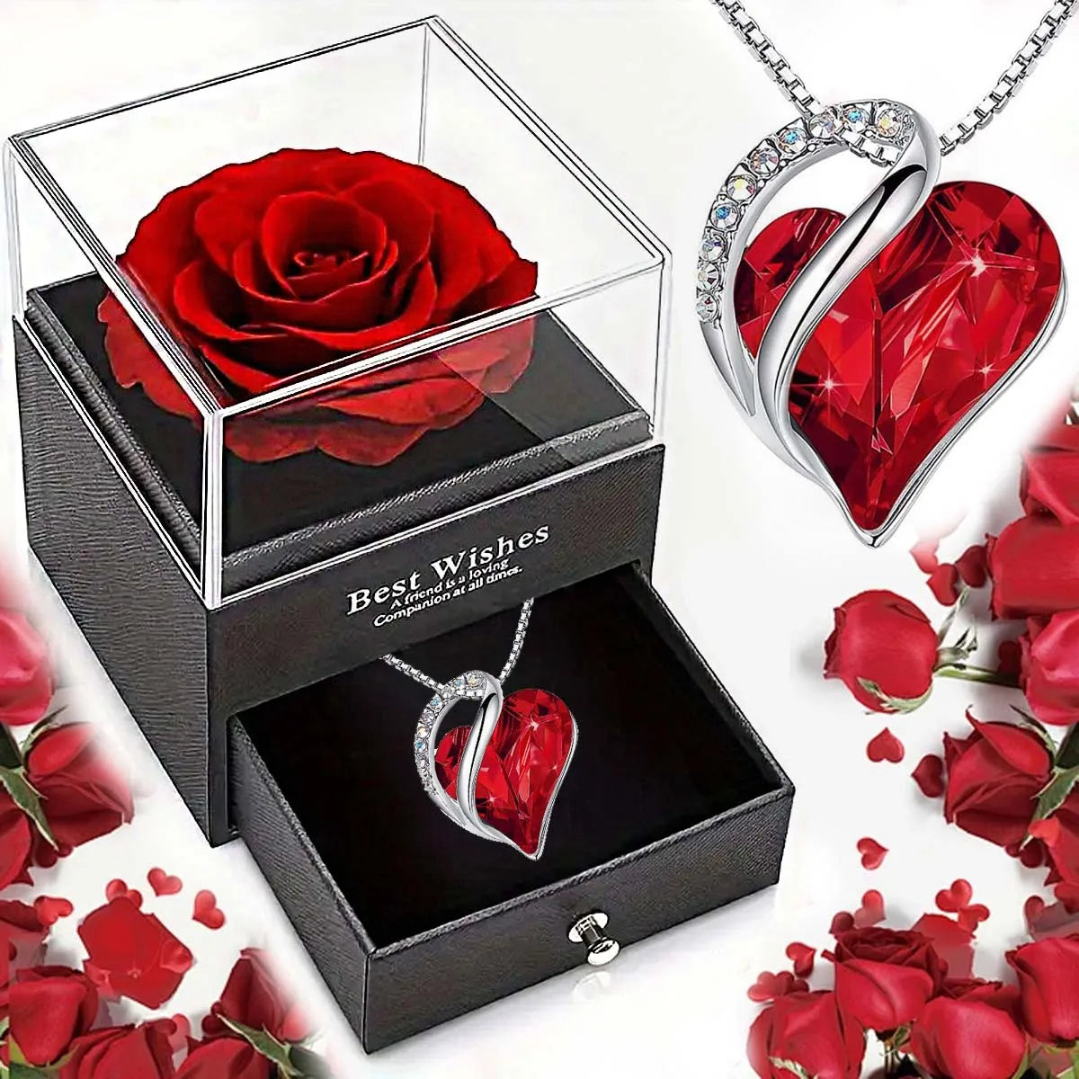Heart Love Necklace & Rose Jewelry Box