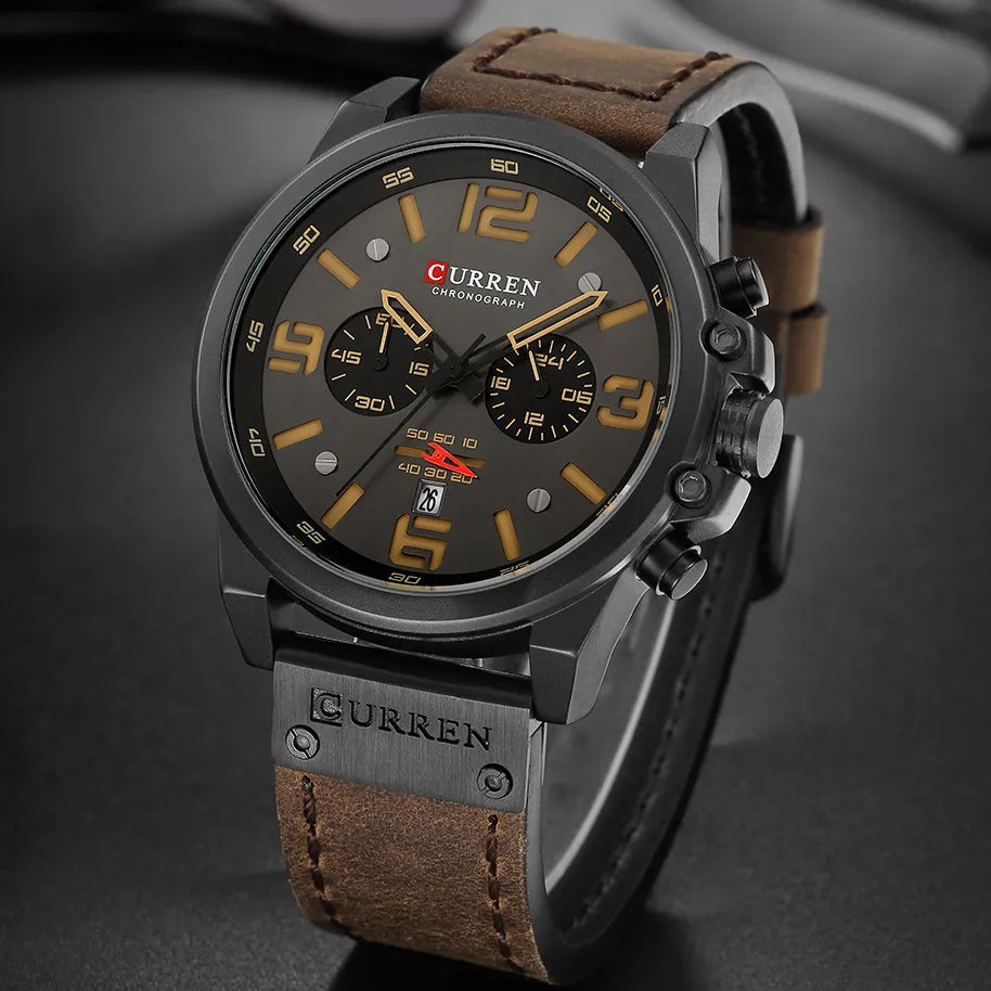 Men's Military Waterproof Sports Watch with Genuine Leather