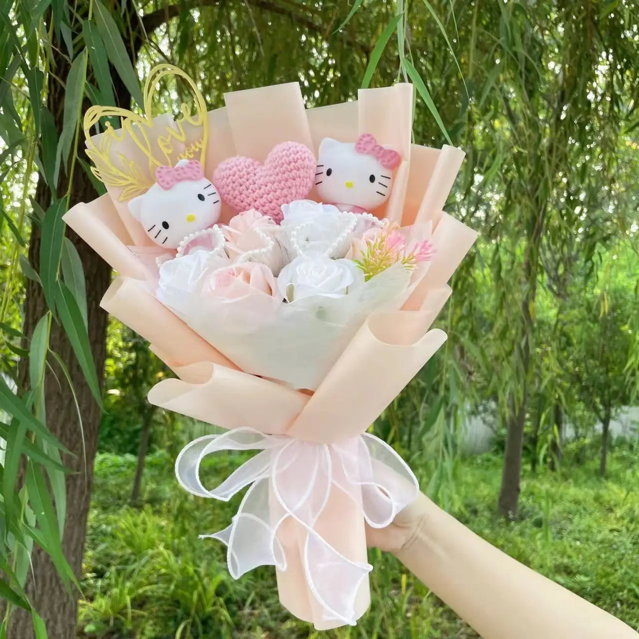 Kawaii Hello Kitty Cat Dolls with Flowers - Sanrio Bouquet Gift

