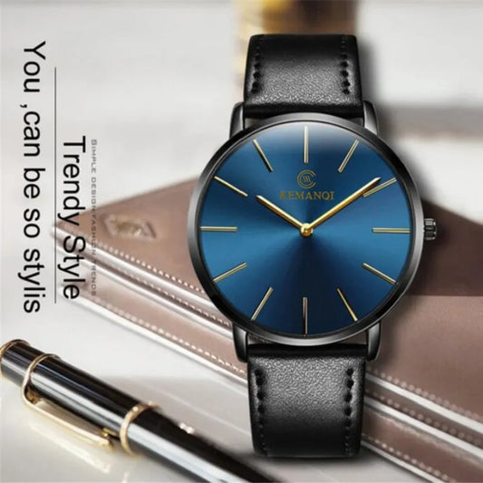 Montre en or pour hommes, Ultra fine, en cuir, à Quartz