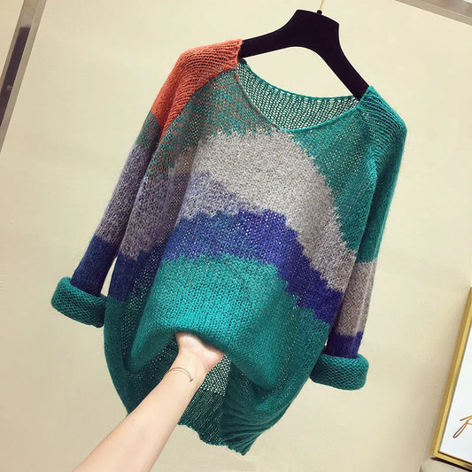 Striped Knitted Long-sleeved Loose Women Sweater