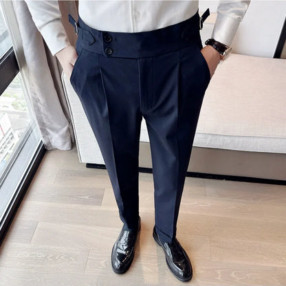 Men's High Waist Slim Suit Pants with Belt
