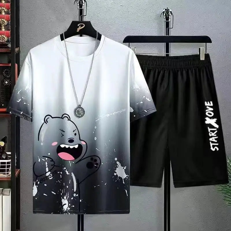 Men Gradient Ice Silk Short Sleeve Shorts Set