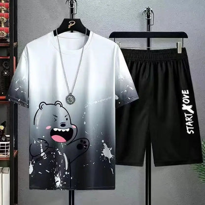 Men Gradient Ice Silk Short Sleeve Shorts Set