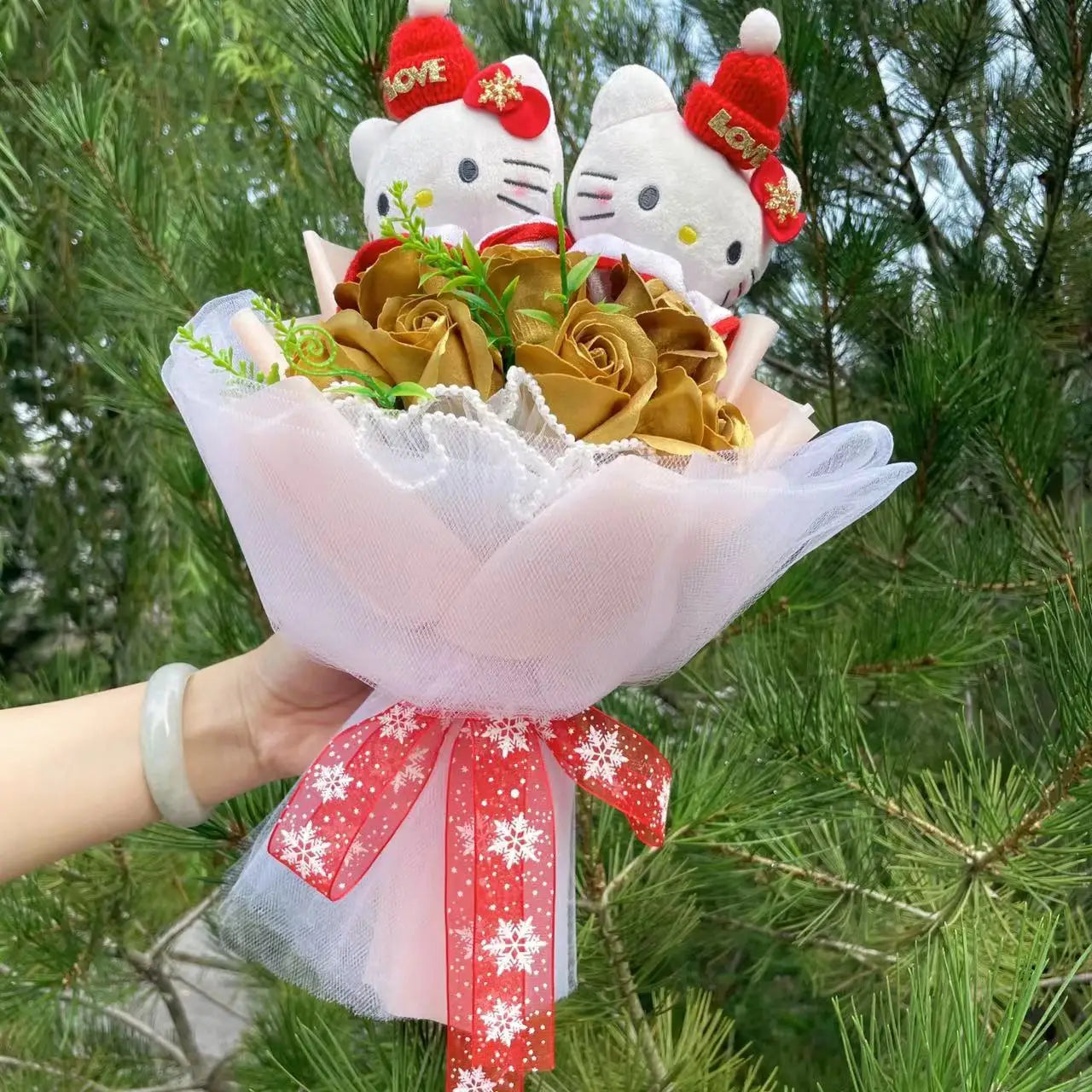 Kawaii Hello Kitty Cat Dolls with Flowers - Sanrio Bouquet Gift
