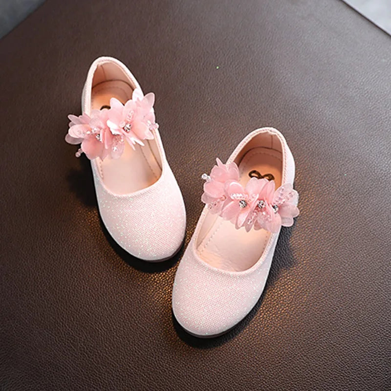 Kids Leather Shining Flowers Princess Shoes