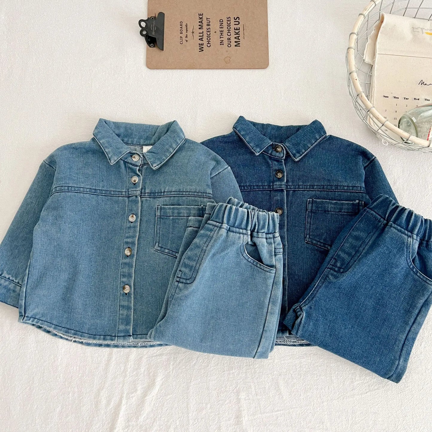 Kids Turn-Down Collar Casual Denim Outfit Set