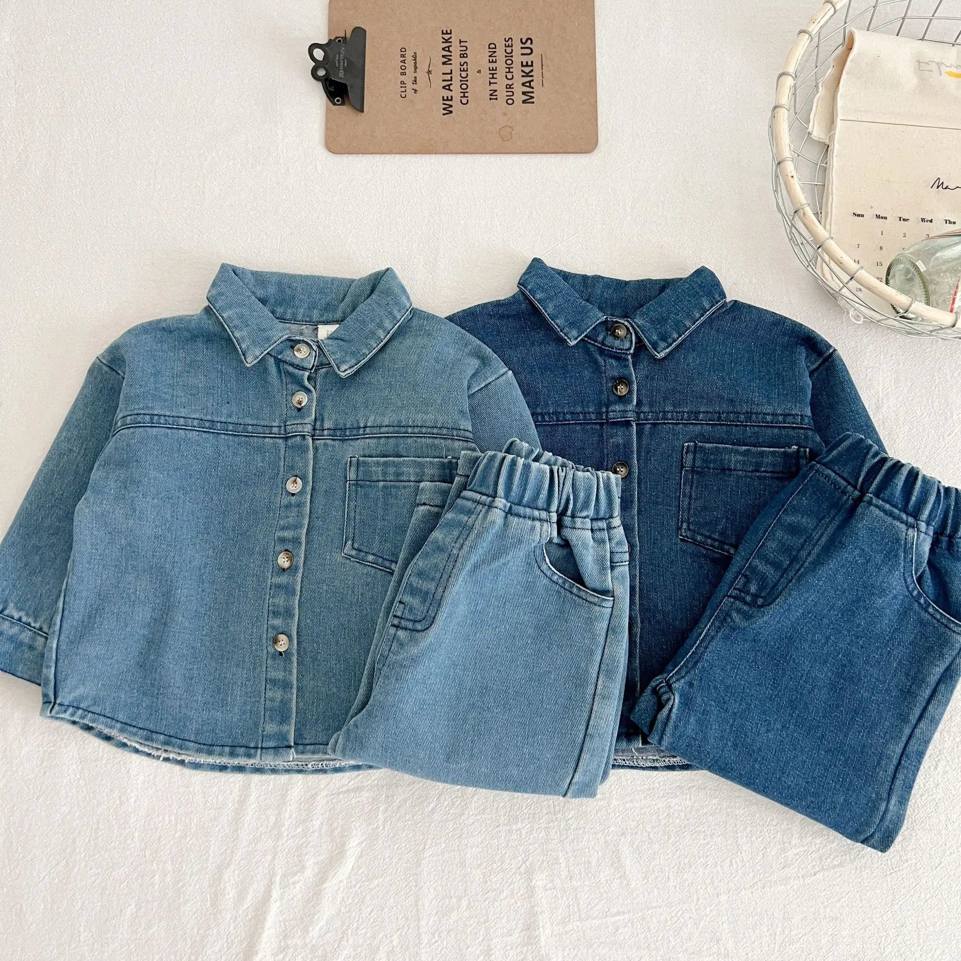 Kids Turn-Down Collar Denim Outfit Set