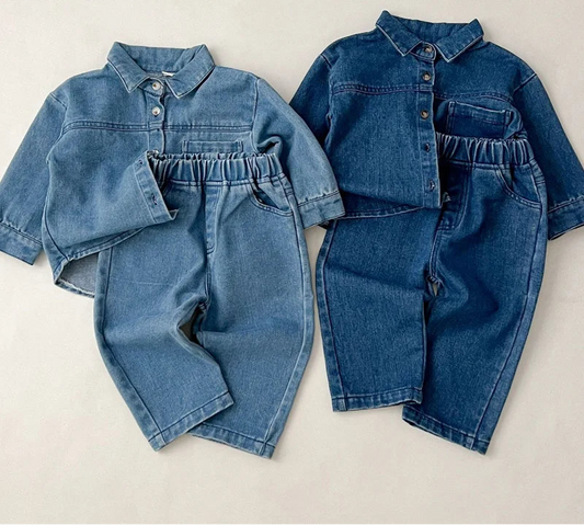 Kids Turn-Down Collar Denim Outfit Set