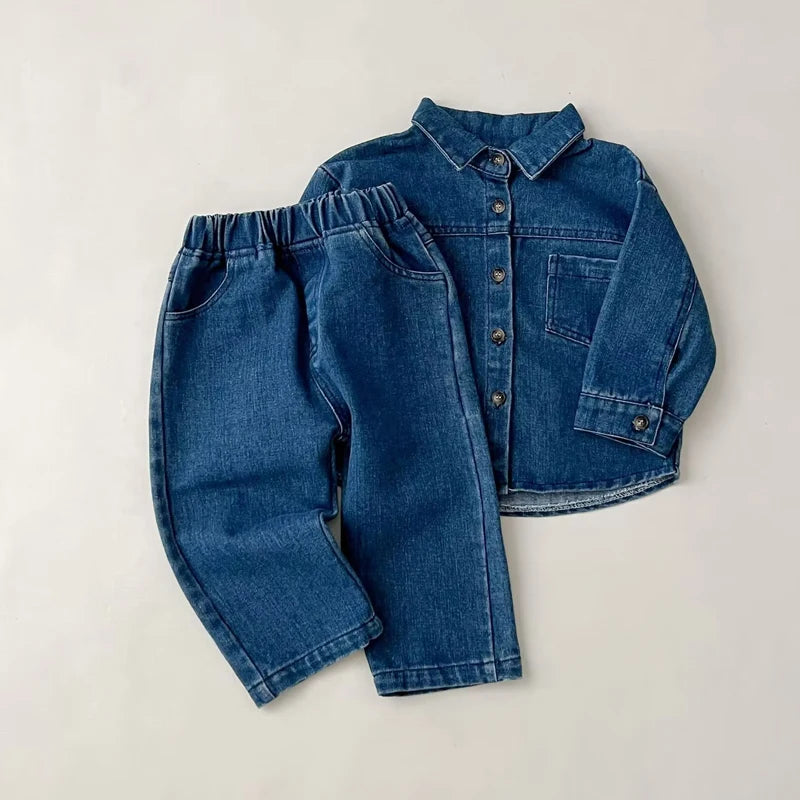 Kids Turn-Down Collar Casual Denim Outfit Set